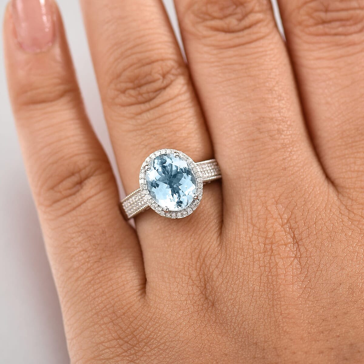 Luxoro 10K White Gold Premium Mangoro Aquamarine, White Diamond (G-H I2) (0.32 cts) Lotus Flower Ring (Size 11.5) 3.30 ctw image number 2