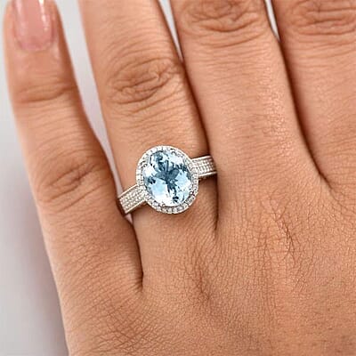 Luxoro 10K White Gold Premium Mangoro Aquamarine, White Diamond (G-H I2) (0.32 cts) Lotus Flower Ring (Size 12.0) 3.30 ctw
