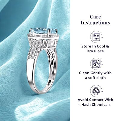 Luxoro 10K White Gold Premium Mangoro Aquamarine, White Diamond (G-H I2) (0.32 cts) Lotus Flower Ring (Size 12.0) 3.30 ctw