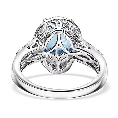 Luxoro 10K White Gold Premium Mangoro Aquamarine, White Diamond (G-H I2) (0.32 cts) Lotus Flower Ring (Size 12.0) 3.30 ctw
