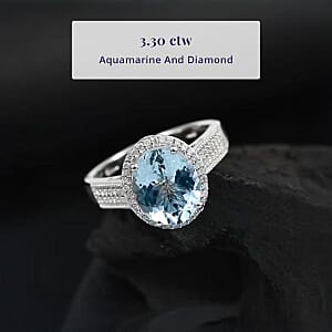 Luxoro Premium Mangoro Aquamarine and White Diamond G-H I2 3.30 ctw Lotus Flower Ring in 10K White Gold (Size 6.0)