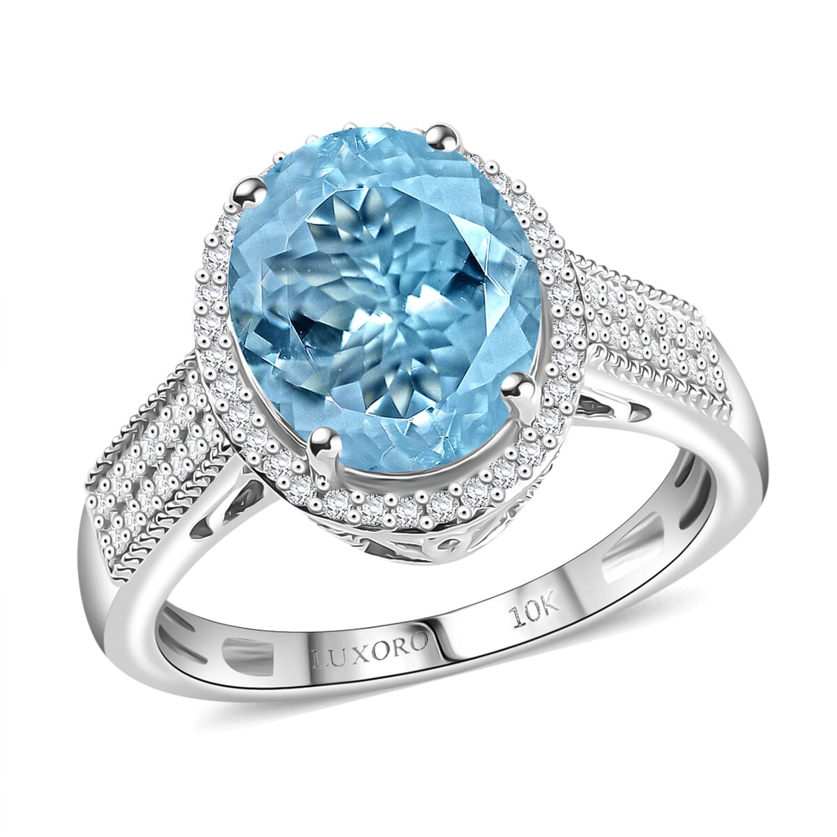 Luxoro Premium Mangoro Aquamarine and White Diamond G-H I2 3.30 ctw Lotus Flower Ring in 10K White Gold (Size 7.0) image number 0