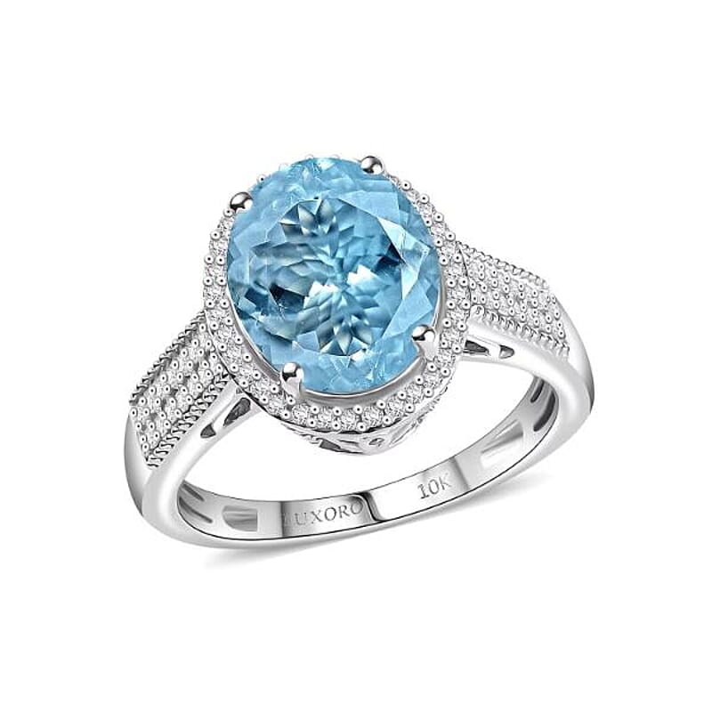 Luxoro Premium Mangoro Aquamarine and White Diamond G-H I2 3.30 ctw Lotus Flower Ring in 10K White Gold (Size 7.0)