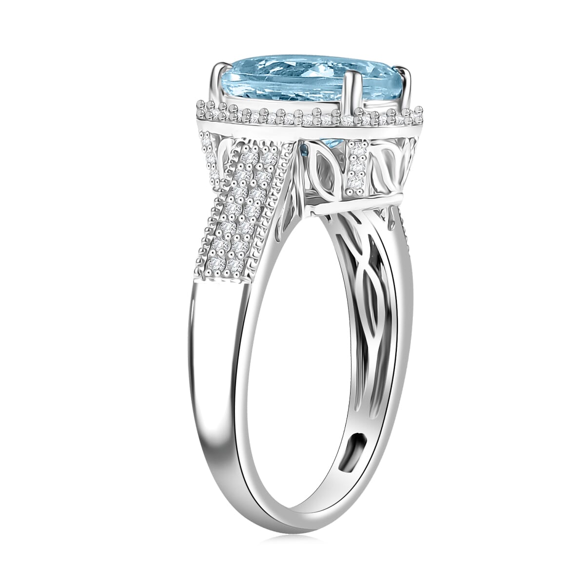 Luxoro Premium Mangoro Aquamarine and White Diamond G-H I2 3.30 ctw Lotus Flower Ring in 10K White Gold (Size 7.0) image number 3