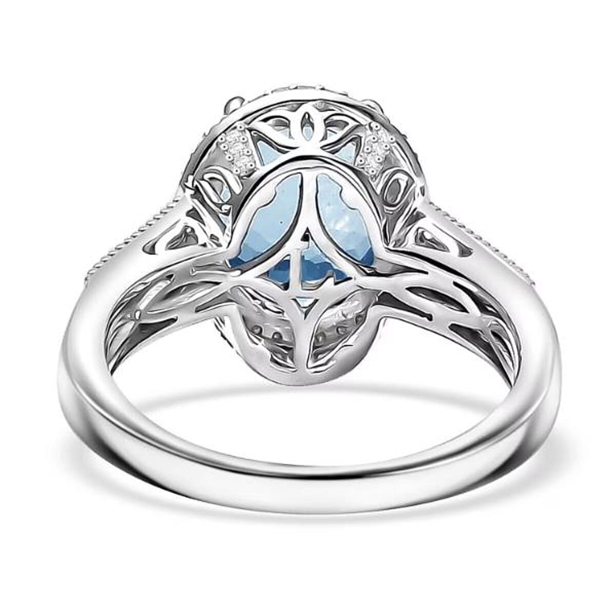 Luxoro Premium Mangoro Aquamarine and White Diamond G-H I2 3.30 ctw Lotus Flower Ring in 10K White Gold (Size 7.0) image number 6
