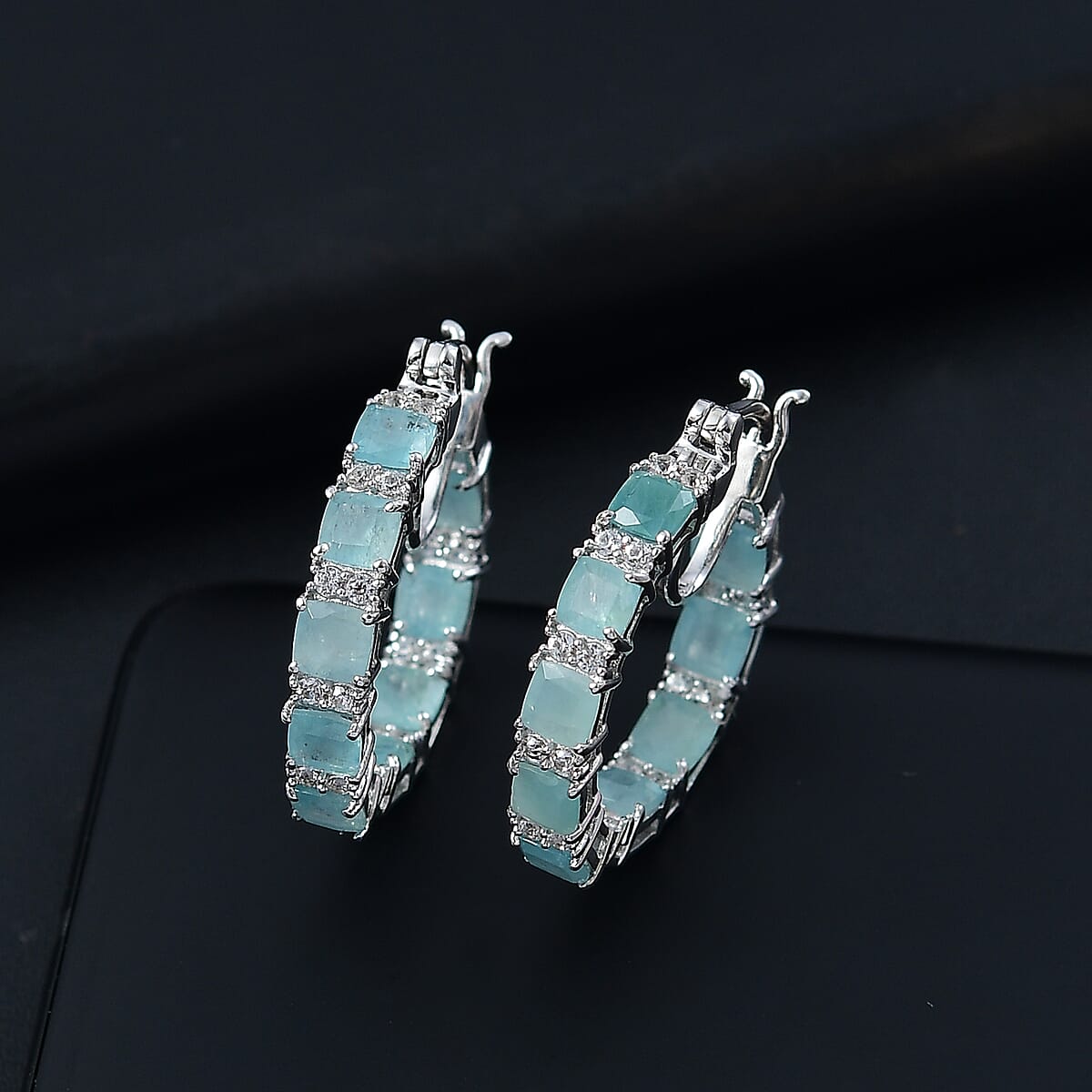 D'Joy Grandidierite and White Zircon 6.00 ctw Royal Radiance Hoop Earrings in Rhodium Over Sterling Silver image number 1