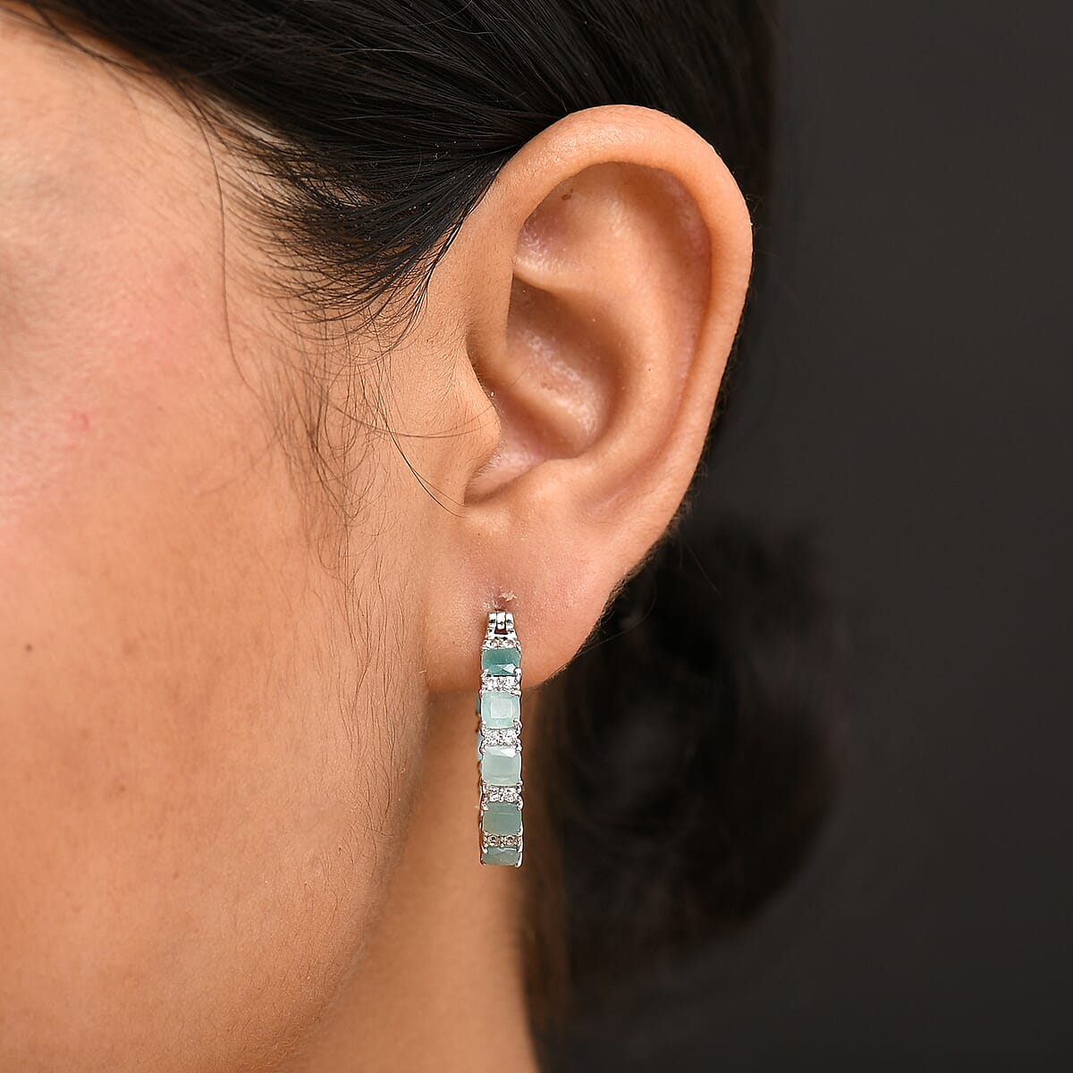D'Joy Grandidierite and White Zircon 6.00 ctw Royal Radiance Hoop Earrings in Rhodium Over Sterling Silver image number 2