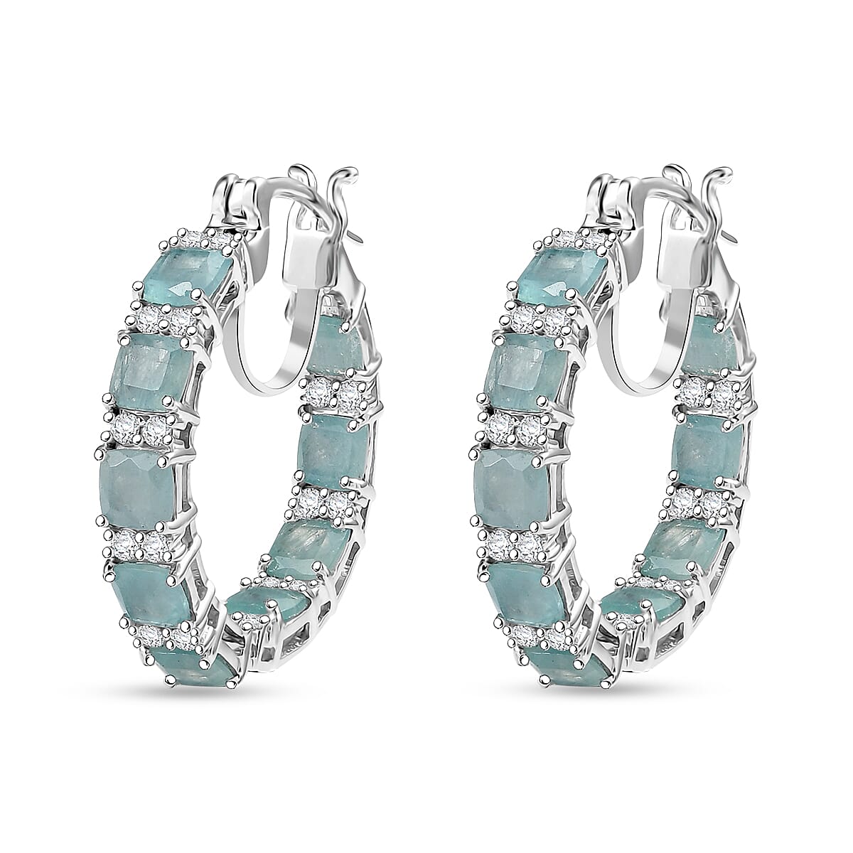 D'Joy Grandidierite and White Zircon 6.00 ctw Royal Radiance Hoop Earrings in Rhodium Over Sterling Silver image number 3