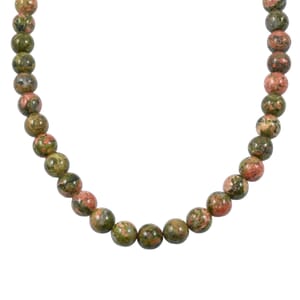 Unakite 10mm Beaded Necklace 18 Inches in Sterling Silver 285.00 ctw