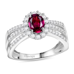 D'Joy AAA Radiant Ember Garnet and Moissanite 1.60 ctw Imperial Halo Ring in Rhodium Over Sterling Silver (Size 10.0)