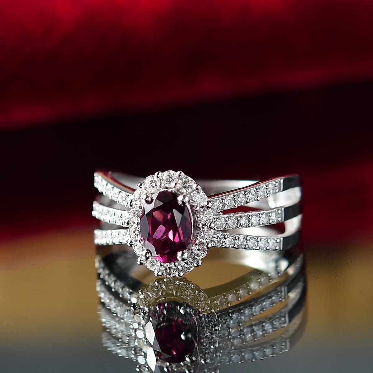 D'Joy AAA Radiant Ember Garnet and Moissanite 1.60 ctw Imperial Halo Ring in Rhodium Over Sterling Silver (Size 10.0) image number 1