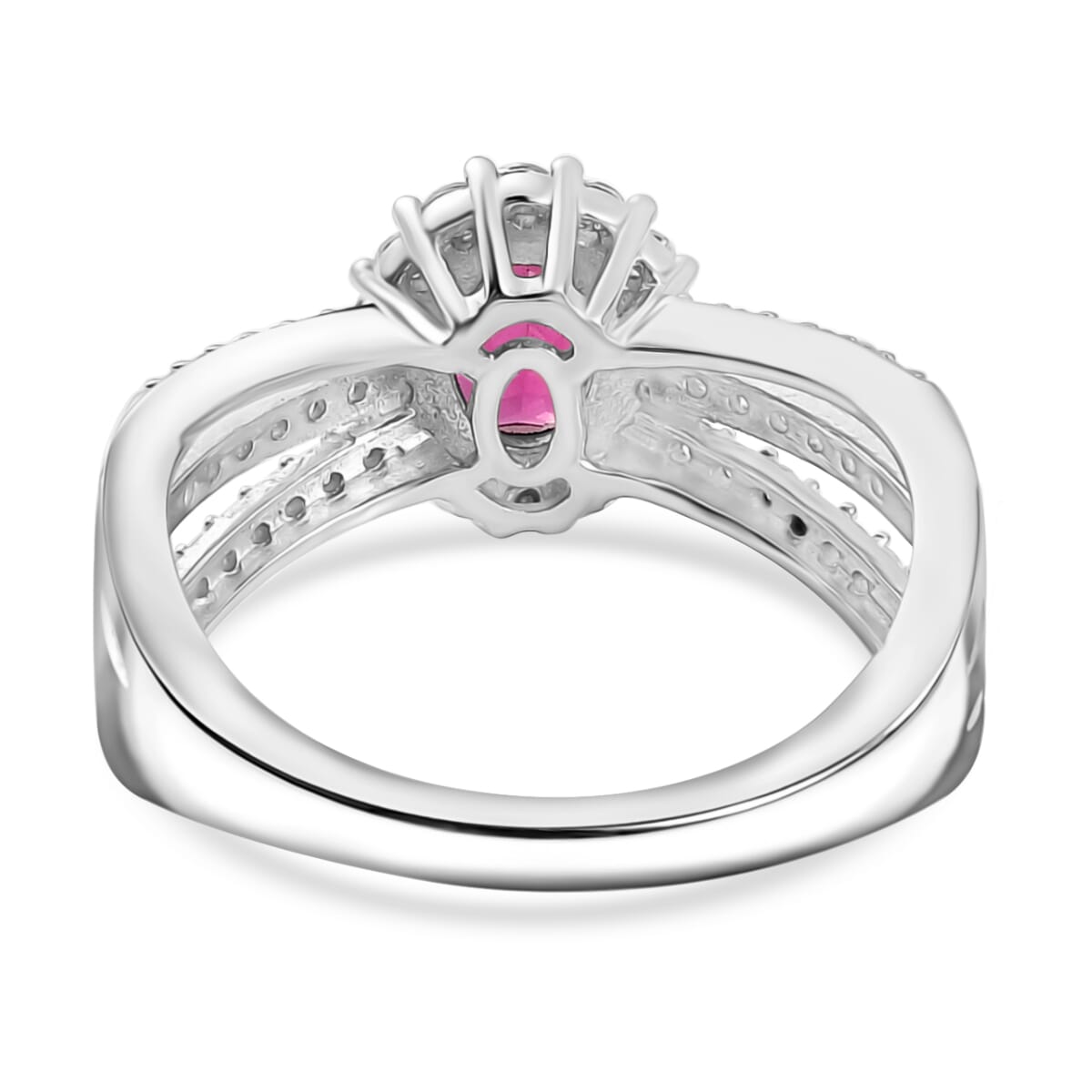 D'Joy AAA Radiant Ember Garnet and Moissanite 1.60 ctw Imperial Halo Ring in Rhodium Over Sterling Silver (Size 10.0) image number 4