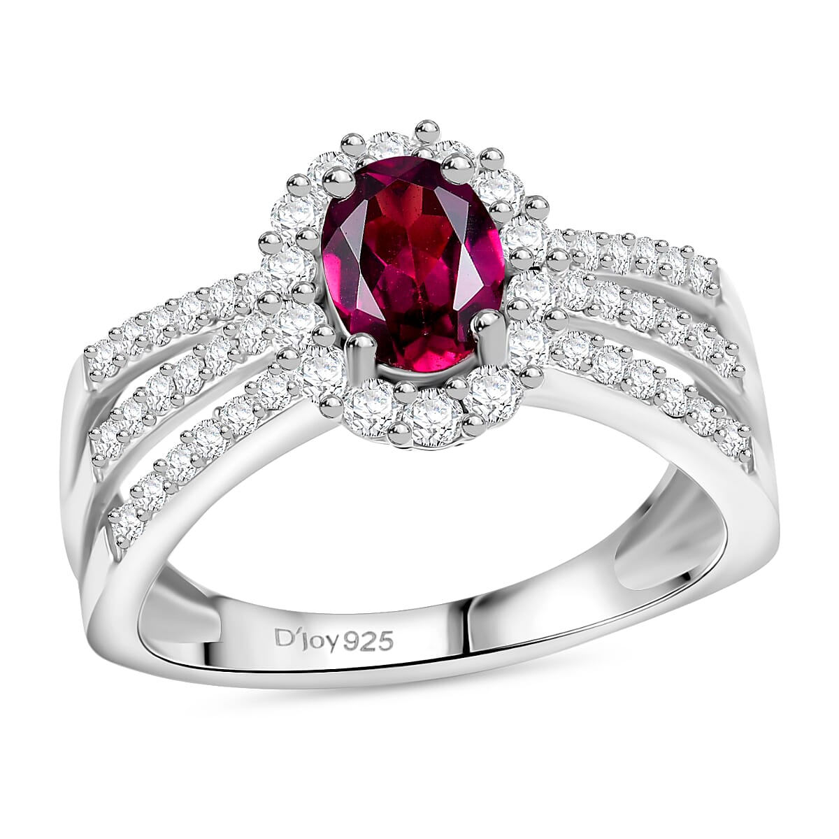 D'Joy AAA Radiant Ember Garnet and Moissanite 1.60 ctw Imperial Halo Ring in Rhodium Over Sterling Silver (Size 7.0) image number 0