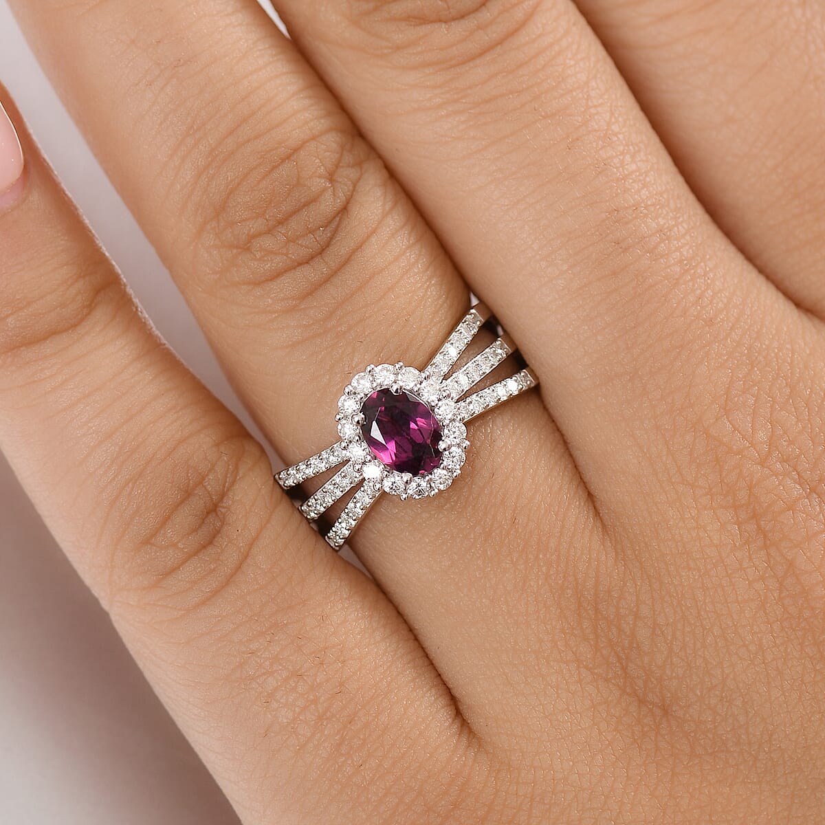 D'Joy AAA Radiant Ember Garnet and Moissanite 1.60 ctw Imperial Halo Ring in Rhodium Over Sterling Silver (Size 9.0) image number 2