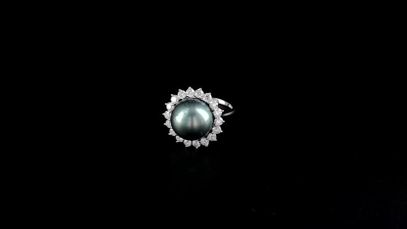 Tahitian Cultured Pearl 14-15mm, Moissanite Sunburst Ring in Rhodium Over Sterling Silver (Size 10.0) 1.90 ctw