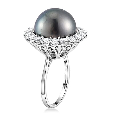 Tahitian Cultured Pearl 14-15mm, Moissanite Sunburst Ring in Rhodium Over Sterling Silver (Size 10.0) 1.90 ctw