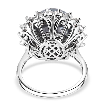 Tahitian Cultured Pearl 14-15mm, Moissanite Sunburst Ring in Rhodium Over Sterling Silver (Size 10.0) 1.90 ctw