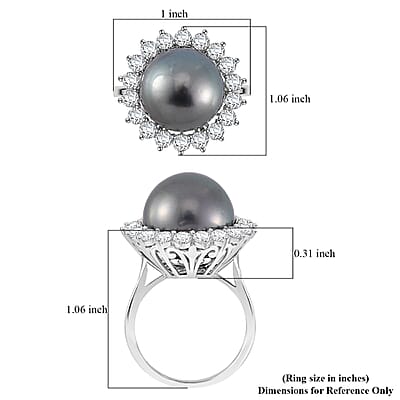Tahitian Cultured Pearl 14-15mm, Moissanite Sunburst Ring in Rhodium Over Sterling Silver (Size 10.0) 1.90 ctw