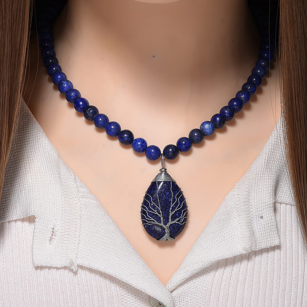 Lapis Lazuli 230.00 ctw Drop Pendant with Beaded Necklace in Silvertone 18-20 Inches image number 1
