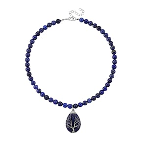 Lapis Lazuli 230.00 ctw Drop Pendant with Beaded Necklace in Silvertone 18-20 Inches