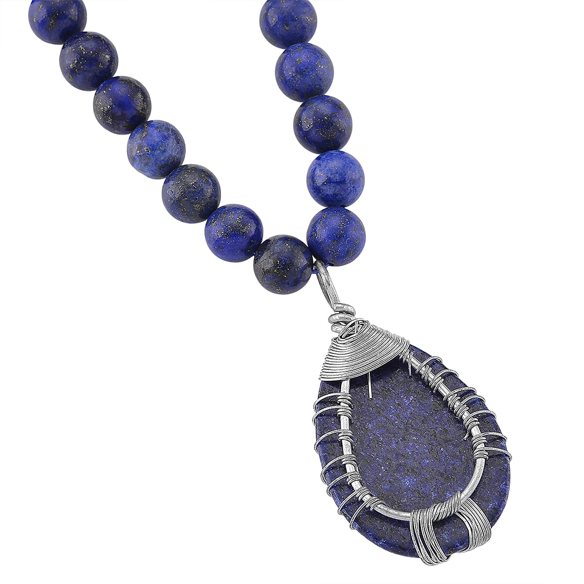 Lapis Lazuli 230.00 ctw Drop Pendant with Beaded Necklace in Silvertone 18-20 Inches image number 4