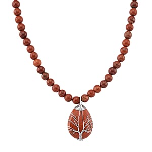 Red Jasper 230.00 ctw Drop Pendant with Beaded Necklace in Silvertone 18-20 Inches