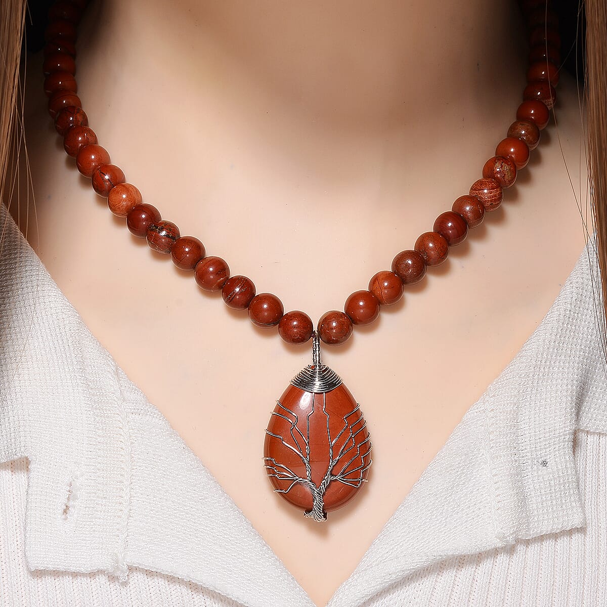 Red Jasper 230.00 ctw Drop Pendant with Beaded Necklace in Silvertone 18-20 Inches image number 1