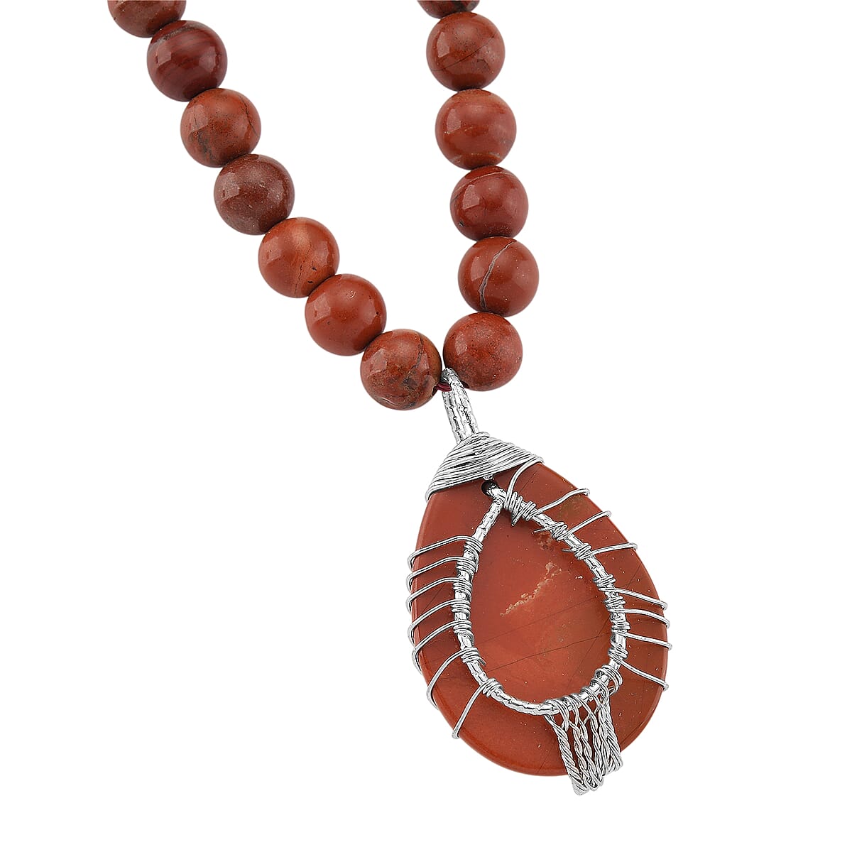 Red Jasper 230.00 ctw Drop Pendant with Beaded Necklace in Silvertone 18-20 Inches image number 4