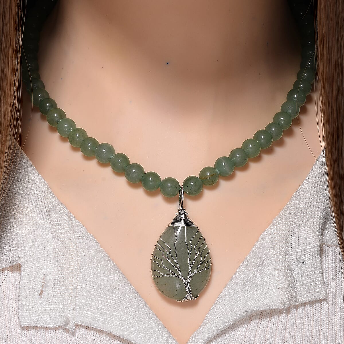Green Aventurine 230.00 ctw Drop Pendant with Beaded Necklace in Silvertone 18-20 Inches image number 1