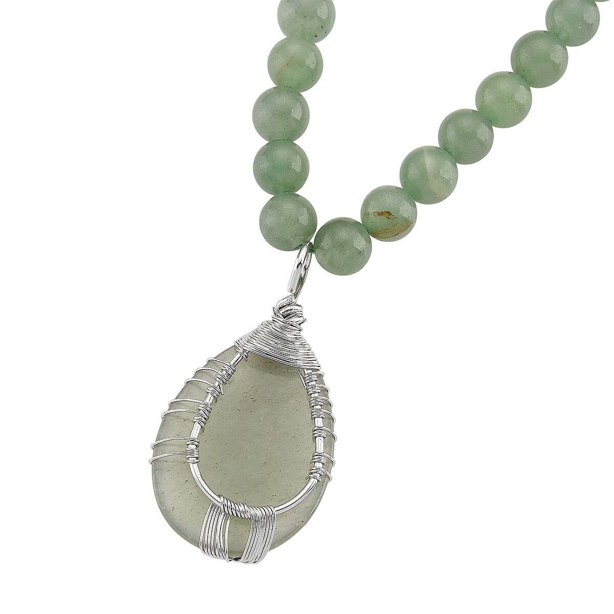 Green Aventurine 230.00 ctw Drop Pendant with Beaded Necklace in Silvertone 18-20 Inches image number 4