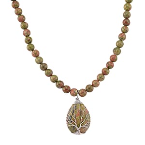 Unakite 230.00 ctw Drop Pendant with Beaded Necklace in Silvertone 18-20 Inches
