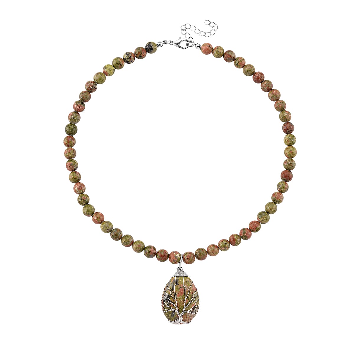 Unakite 230.00 ctw Drop Pendant with Beaded Necklace in Silvertone 18-20 Inches image number 2