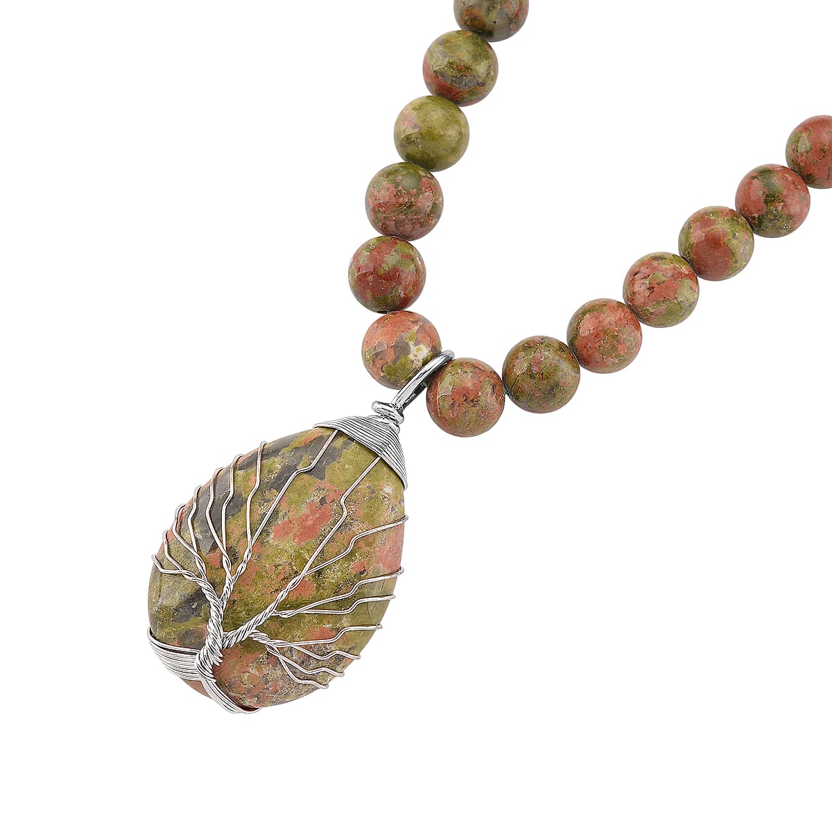 Unakite 230.00 ctw Drop Pendant with Beaded Necklace in Silvertone 18-20 Inches image number 3