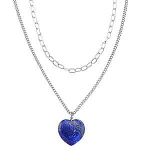 Lapis Lazuli 75.00 ctw Heart Pendant with Paper Clip Necklace in Silvertone 18-20 Inches