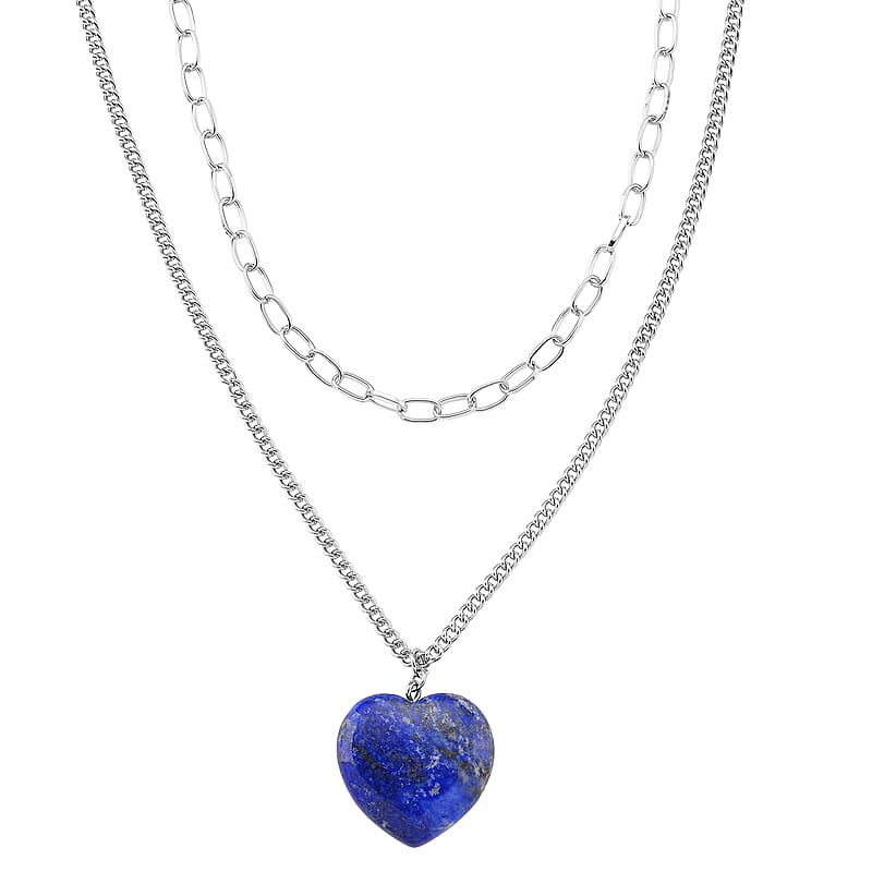 Lapis Lazuli 75.00 ctw Heart Pendant with Paper Clip Necklace in Silvertone 18-20 Inches