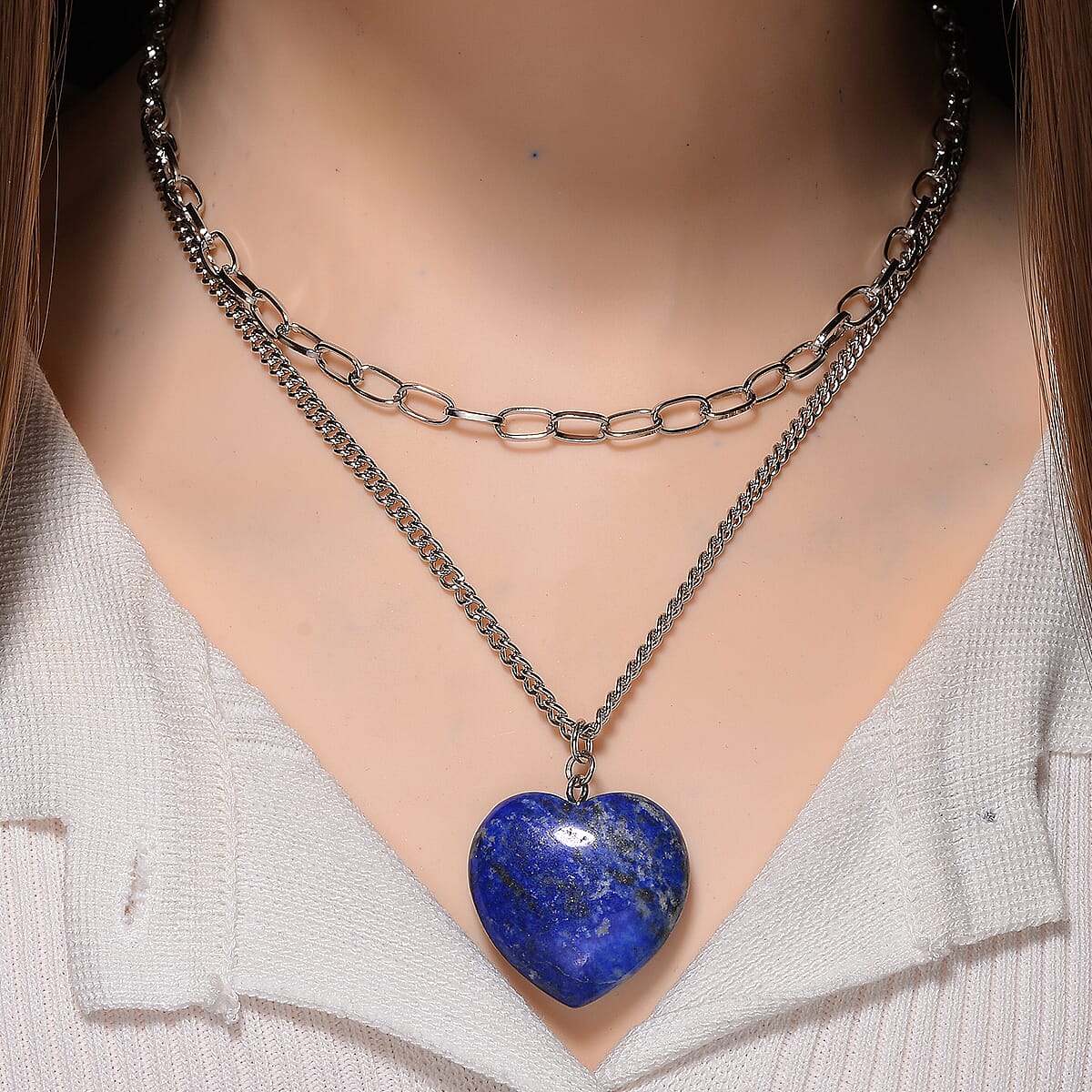 Lapis Lazuli 75.00 ctw Heart Pendant with Paper Clip Necklace in Silvertone 18-20 Inches image number 1