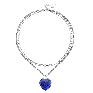 Lapis Lazuli 75.00 ctw Heart Pendant with Paper Clip Necklace in Silvertone 18-20 Inches