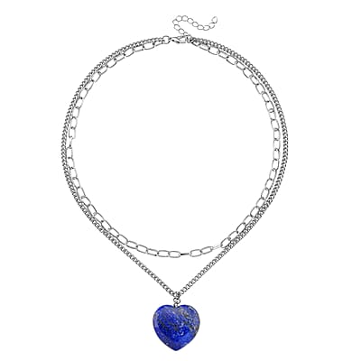 Lapis Lazuli 75.00 ctw Heart Pendant with Paper Clip Necklace in Silvertone 18-20 Inches
