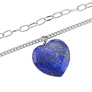 Lapis Lazuli 75.00 ctw Heart Pendant with Paper Clip Necklace in Silvertone 18-20 Inches