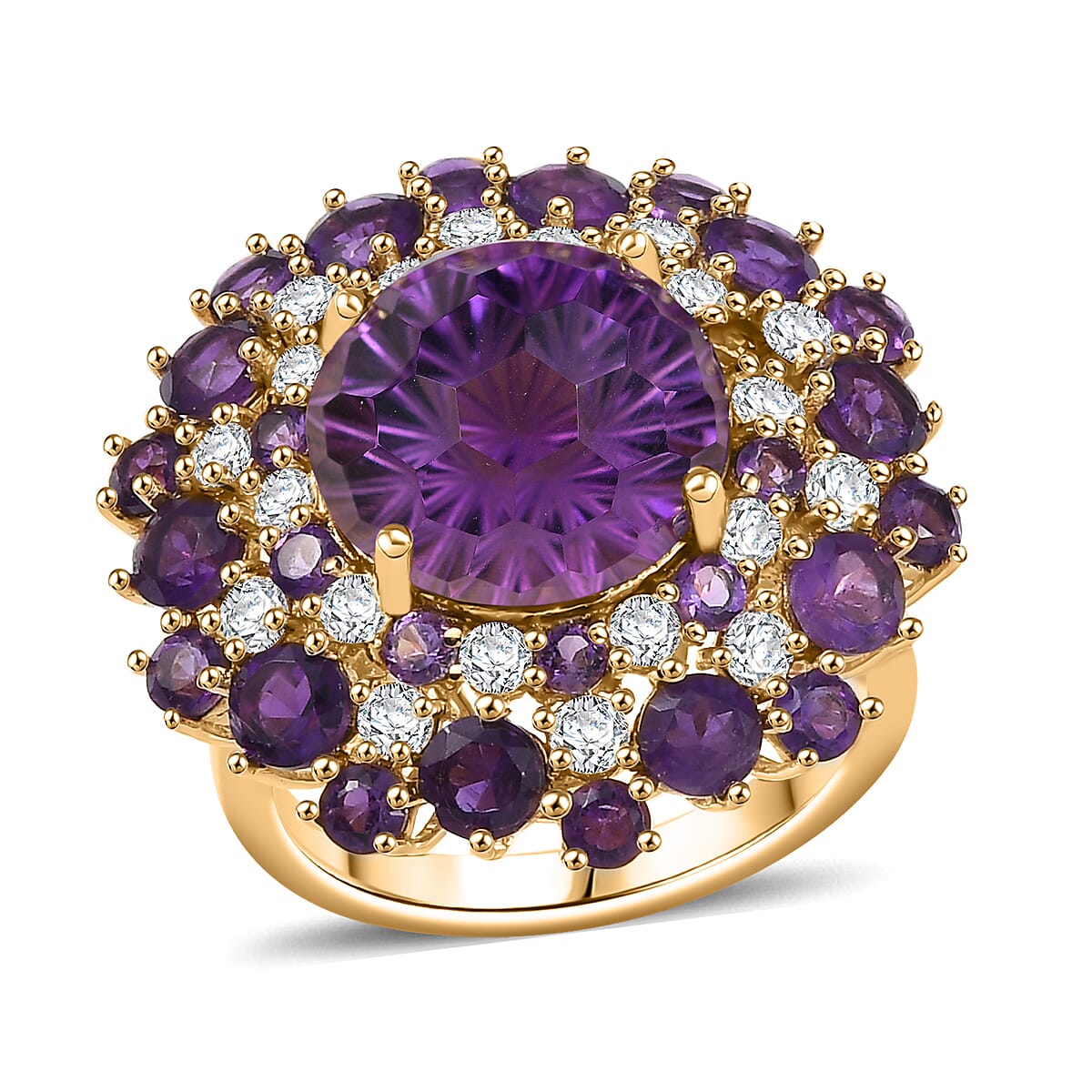 Premium African Amethyst and Moissanite 10.40 ctw Starbust Ring in 18K Vermeil Yellow Gold Over Sterling Silver image number 0