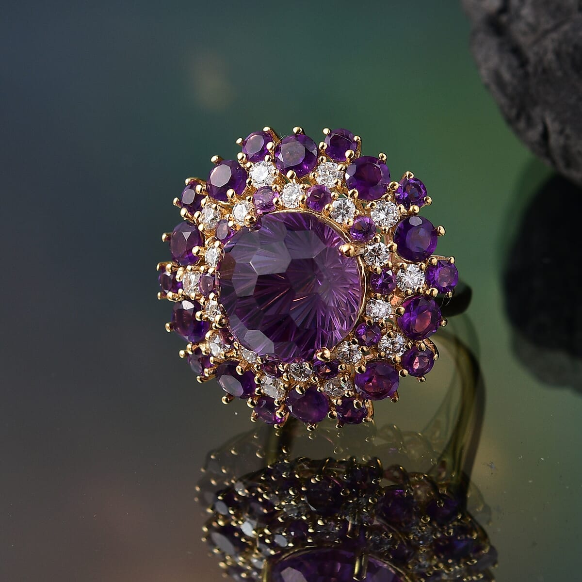 Premium African Amethyst and Moissanite 10.40 ctw Starbust Ring in 18K Vermeil Yellow Gold Over Sterling Silver image number 1