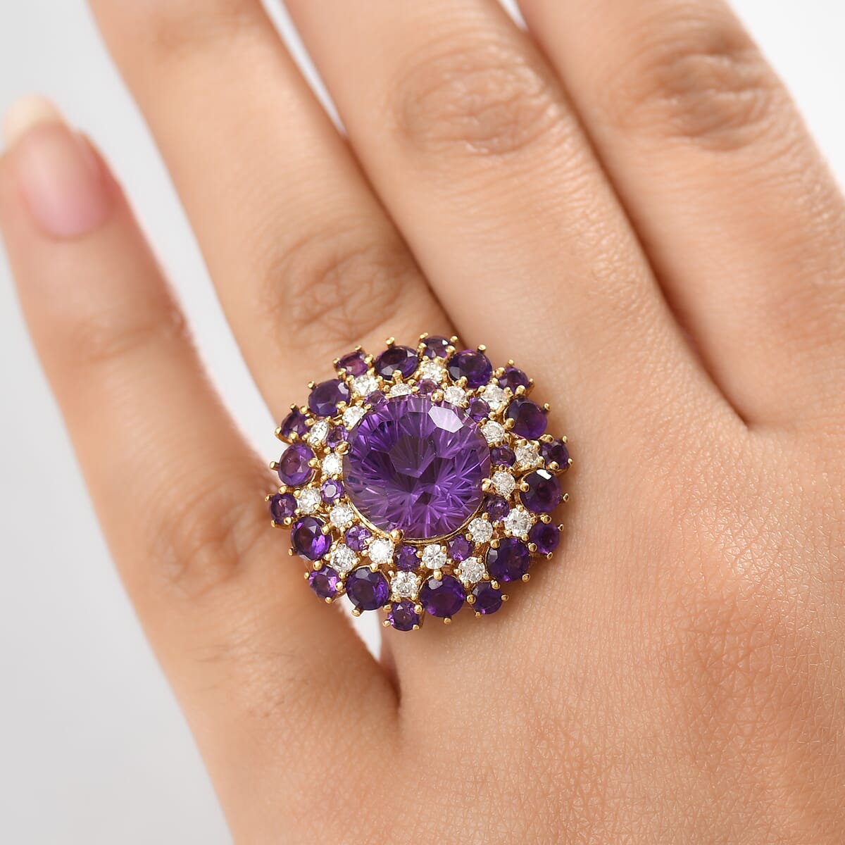 Premium African Amethyst and Moissanite 10.40 ctw Starbust Ring in 18K Vermeil Yellow Gold Over Sterling Silver image number 2