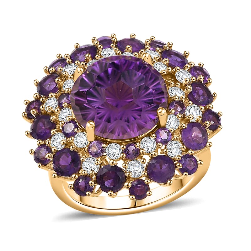 D'Joy Premium African Amethyst, Moissanite Starbust Ring in 18K Vermeil YG Over Sterling Silver (Size 5.0) 10.40 ctw