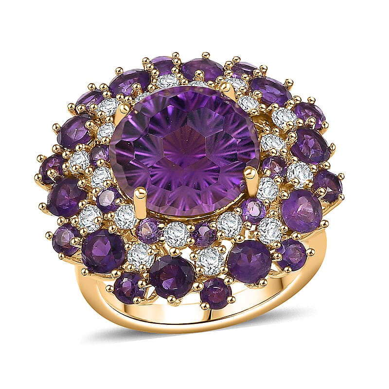 D'Joy Premium African Amethyst, Moissanite Starbust Ring in 18K Vermeil YG Over Sterling Silver (Size 5.0) 10.40 ctw