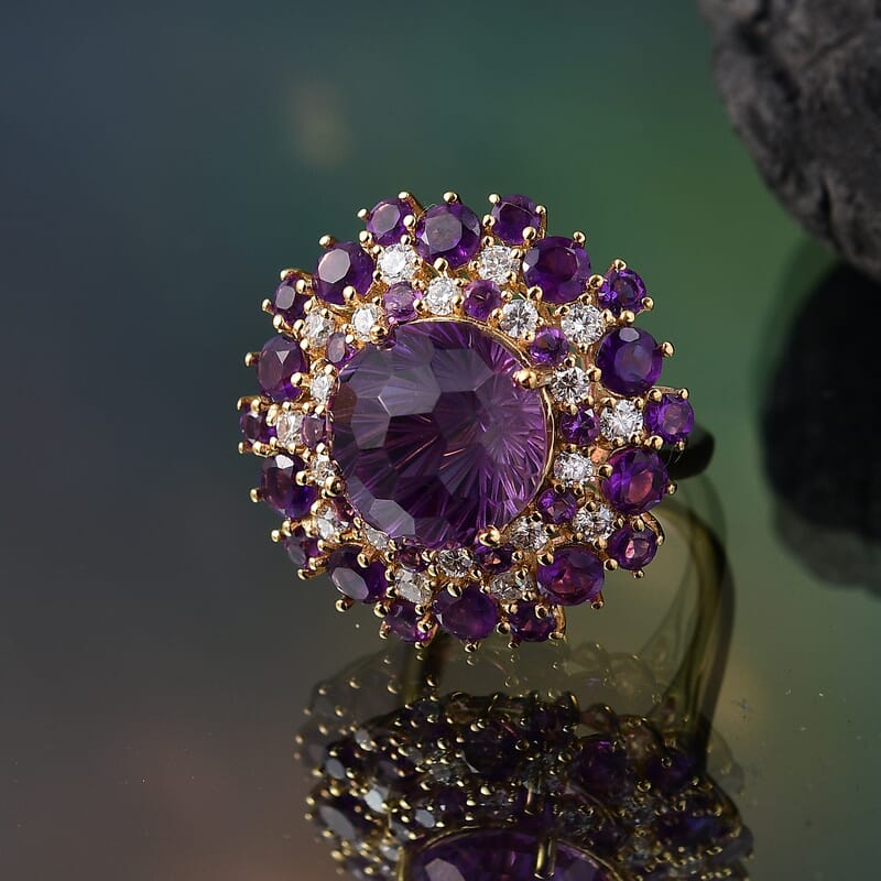 D'Joy Premium African Amethyst, Moissanite Starbust Ring in 18K Vermeil YG Over Sterling Silver (Size 5.0) 10.40 ctw