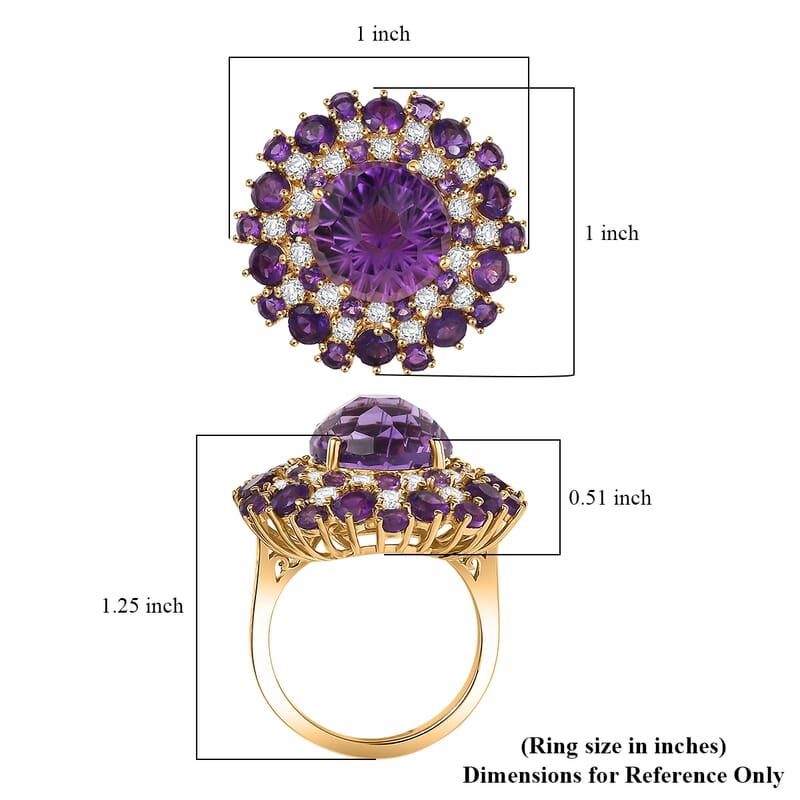 D'Joy Premium African Amethyst, Moissanite Starbust Ring in 18K Vermeil YG Over Sterling Silver (Size 5.0) 10.40 ctw