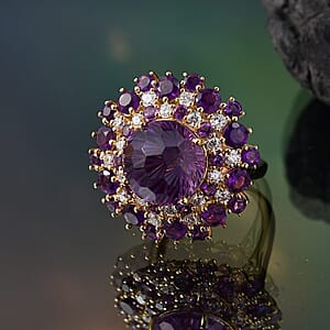 D'Joy Premium African Amethyst, Moissanite Starbust Ring in 18K Vermeil YG Over Sterling Silver (Size 8.0) 10.40 ctw