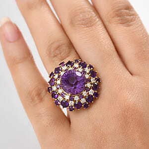 D'Joy Premium African Amethyst, Moissanite Starbust Ring in 18K Vermeil YG Over Sterling Silver (Size 8.0) 10.40 ctw