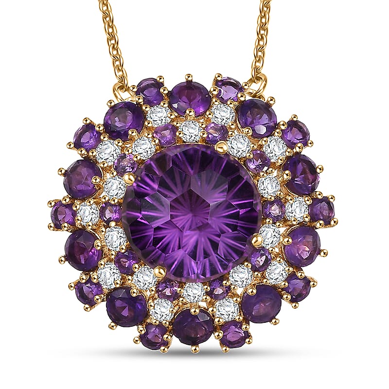 D'Joy Premium African Amethyst and Moissanite 10.40 ctw Starbust Necklace in 18K Vermeil Yellow Gold Over Sterling Silver 18 Inches
