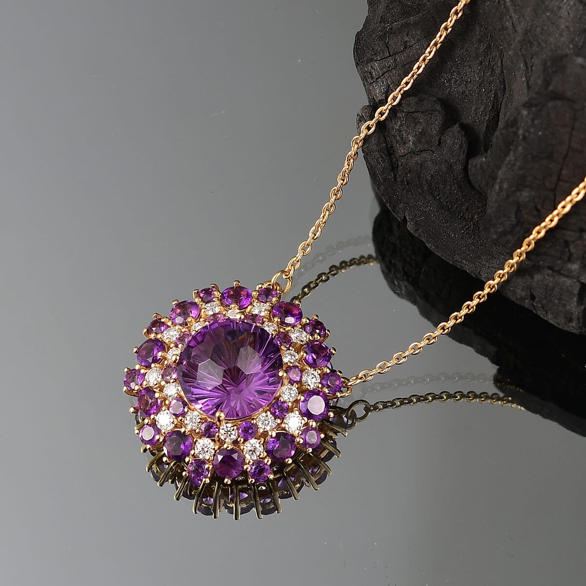 D'Joy Premium African Amethyst and Moissanite 10.40 ctw Starbust Necklace in 18K Vermeil Yellow Gold Over Sterling Silver 18 Inches image number 1